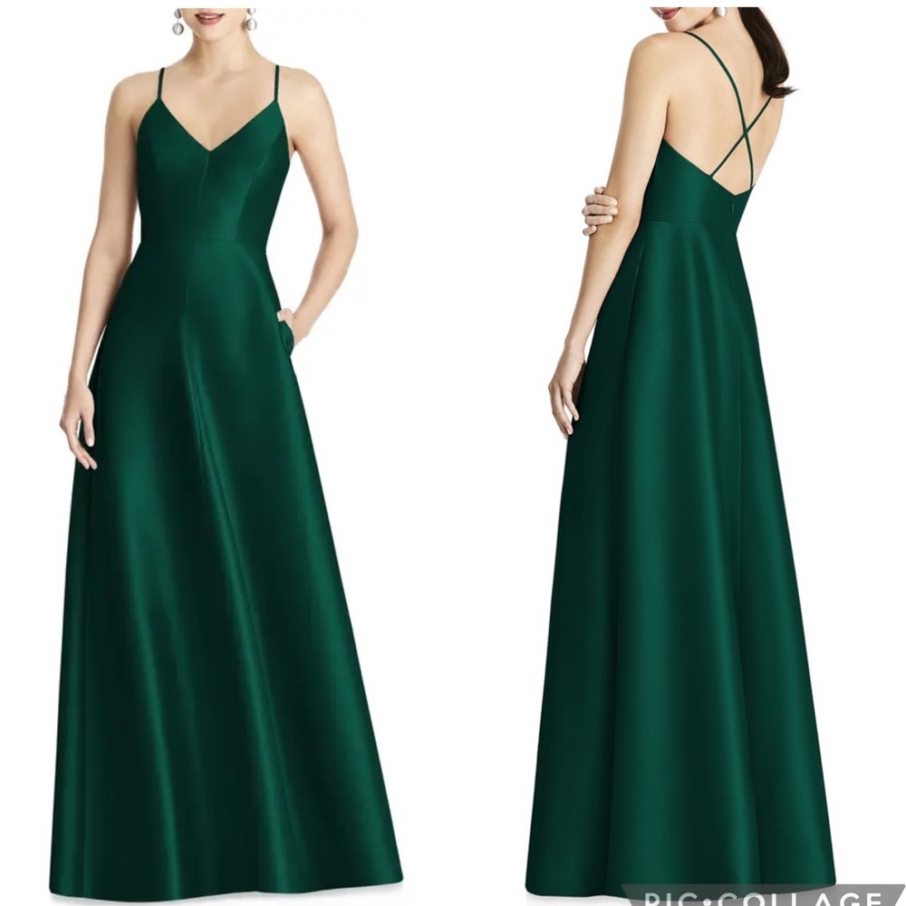 Alfred Sung Crossback Satin Twill A-Line Gown Hunter Green 8